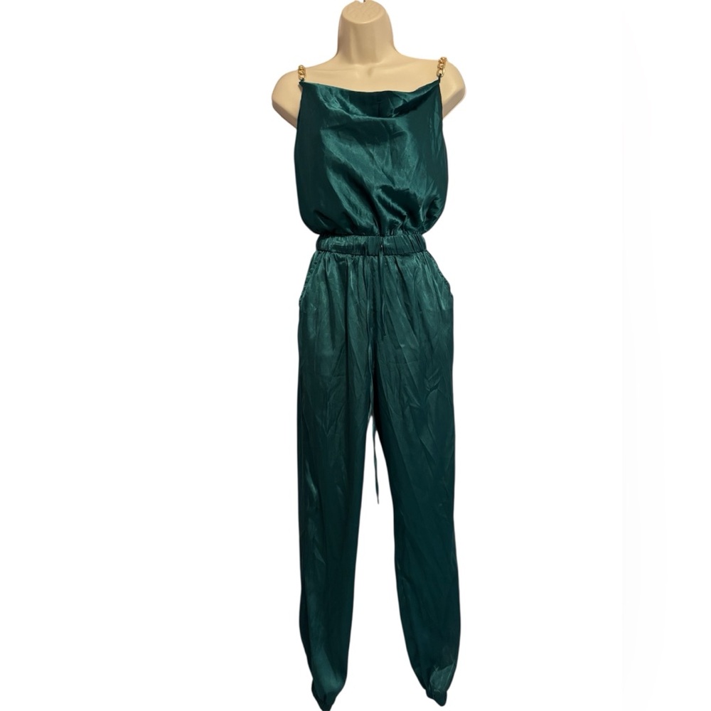 Fashion Nova Teal Satin Cowl Neck Jumpsuit